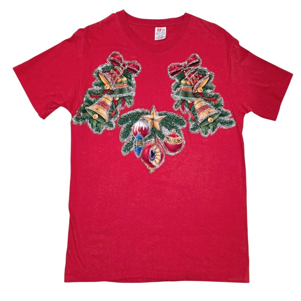 Vintage 90s Hanes Christmas T Shirt M Applique Glitter Bells Single Stitch USA